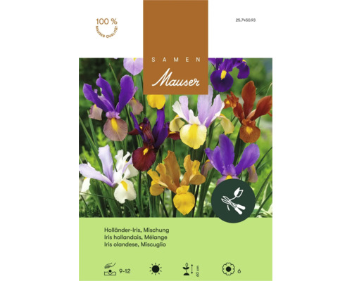 Sachet de graines pour mélange d'iris hollandais Mauser avec illustration de fleurs d'iris multicolores et informations de plantation