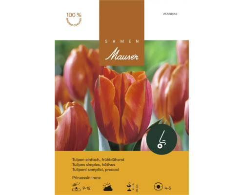Bulbes de tulipes simples a floraison precoce Prinzessin Irene sur emballage de graines avec informations produit