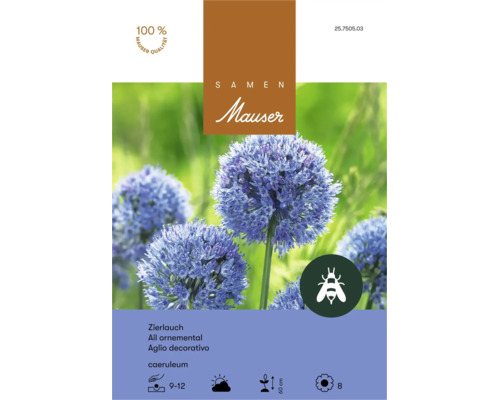 Sachet de graines pour ail ornemental Allium caeruleum de Mauser avec symbole respectueux des abeilles.