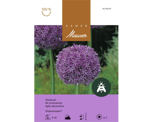 Sachet de graines Mauser ail ornemental Globemaster avec informations de plantation et symbole amical pour les abeilles