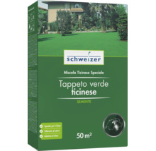 Semences de gazon Schweizer Miscela Ticinese Speciale pour 50 mètres carrés, idéal pour les climats chauds et les pelouses ensoleillées.