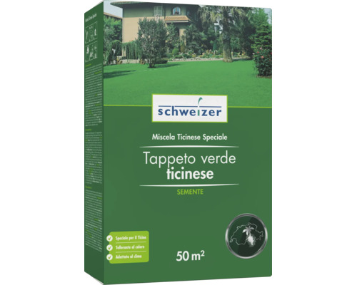 Semences de gazon Schweizer Miscela Ticinese Speciale pour 50 mètres carrés, idéal pour les climats chauds et les pelouses ensoleillées.
