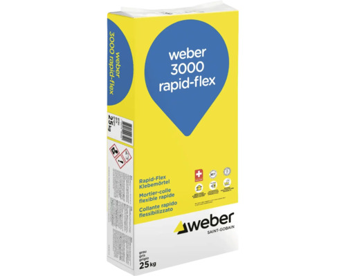 Mortier-colle flexible rapide Weber 3000 sac 25 kilogrammes pour intérieur et extérieur