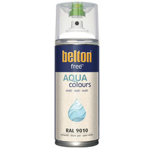 Peinture en aérosol Belton free Aqua Colours blanc pur mat RAL 9010, une peinture en spray à base d'eau.