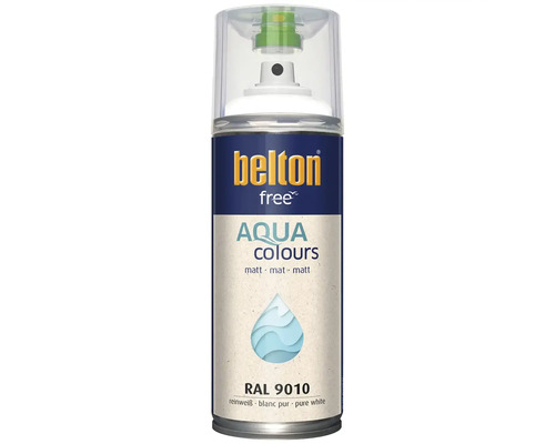 Peinture en aérosol Belton free Aqua Colours blanc pur mat RAL 9010, une peinture en spray à base d'eau.