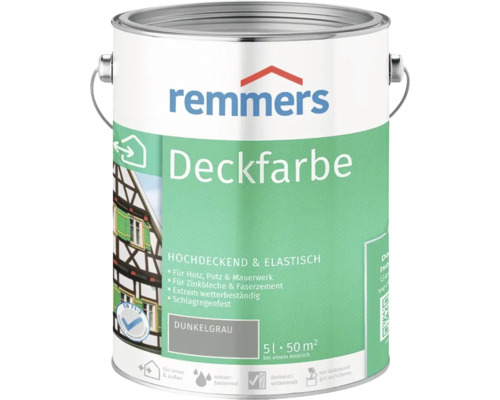 Peinture couvrante Remmers gris foncé, bidon de 5 litres pour bois, plâtre, maçonnerie et tôle de zinc, pour intérieur et extérieur.