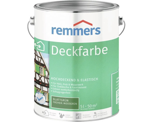 Peinture couvrante Remmers vert feuille, seau de 5 litres, pour bois, plâtre, maçonnerie, zinc et fibrociment, résistante aux intempéries.