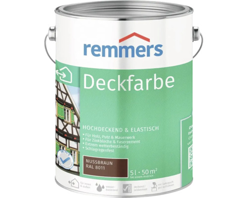 Peinture couvrante Remmers brun noisette RAL 8011, pot de 5 litres pour bois, crépi, maçonnerie et tôles de zinc, intérieur et extérieur.