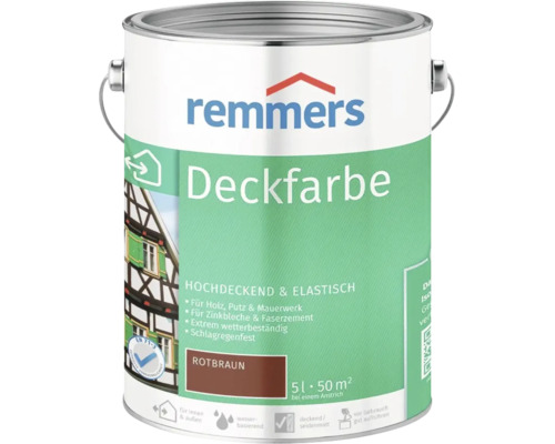 Cinq litres de peinture couvrante Remmers rouge brun pour bois crépi maçonnerie tôles de zinc et fibrociment résistante aux intempéries