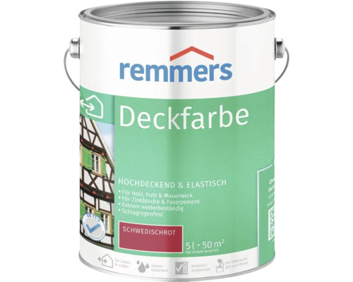 Peinture couvrante Remmers rouge suédois 5 litres pour bois crépi maçonnerie et tôle de zinc résistante aux intempéries base aqueuse satinée