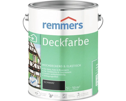 Peinture couvrante Remmers noire 5 litres pour bois, crépi, maçonnerie, tôle de zinc et fibrociment, résistante aux intempéries.
