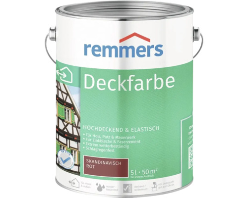 Remmers Deckfarbe Skandinavisch Rot, 5 Liter, wetterfeste und elastische Farbe für Holz, Putz, Mauerwerk, Zinkbleche und Faserzement im Eimer.