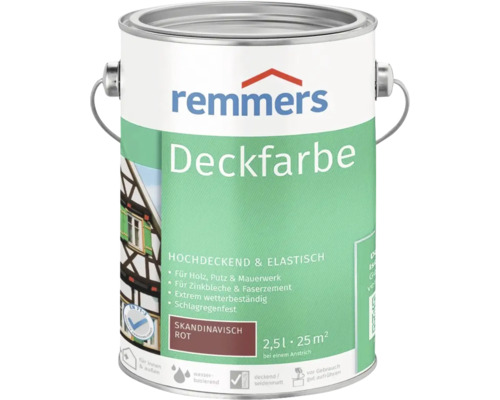 Remmers Deckfarbe in Skandinavisch Rot, wetterfeste Lackfarbe für Holz, Putz, Mauerwerk und Zinkblech, 2,5 Liter Gebinde.