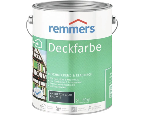 Peinture couvrante Remmers Anthracite Gris RAL 7016 5 litres pour bois crépis maçonnerie et tôle de zinc pour intérieur et extérieur