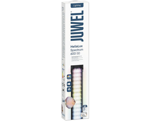Emballage de vente de l'éclairage LED pour aquarium Juwel HeliaLux Spectrum 600 2.0 avec spectre lumineux complet et image de poisson discus.