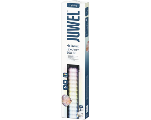 Éclairage LED pour aquarium JUWEL HeliaLux Spectrum 600 2.0 dans son emballage avec spécifications techniques et icônes pour poissons et plantes.