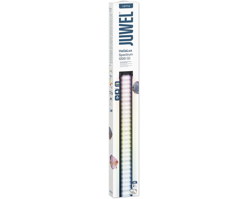 Éclairage aquarium LED Juwel HeliaLux Spectrum 1000 2.0 dans son emballage avec motifs de poissons discus.