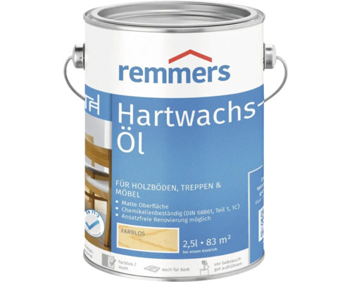 Huile cire dure Remmers incolore mat récipient de 2.5 litres pour parquets escaliers et meubles