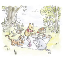 Winnie Puuh und seine Freunde beim Picknick im Wald in einer Aquarellzeichnung.