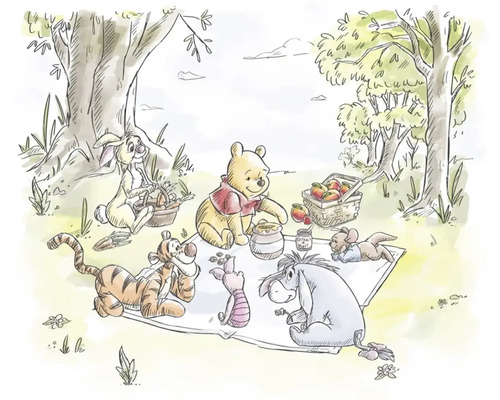 Winnie l'Ourson et ses amis en pique-nique dans la forêt sous forme d'aquarelle.