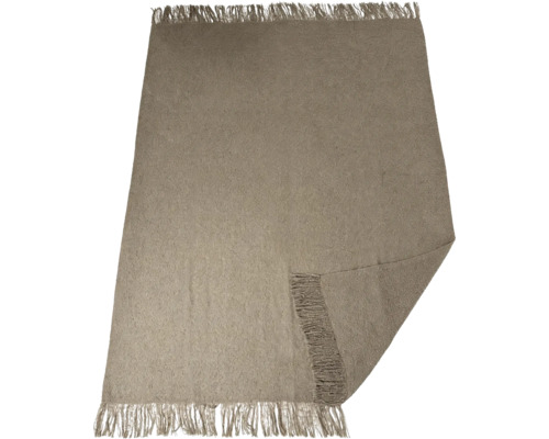 Eine rechteckige Tagesdecke aus Textil mit Fransen an den kurzen Seiten.