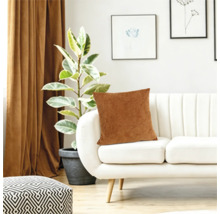 Un coussin décoratif sur un canapé blanc moderne dans le salon avec une plante en pot et des rideaux en arrière-plan.