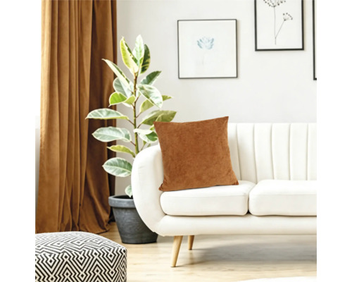 Un coussin décoratif sur un canapé blanc moderne dans le salon avec une plante en pot et des rideaux en arrière-plan.