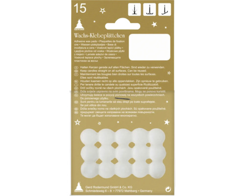 Packung mit 15 Wachs-Klebepättchen von Geroma zum Befestigen von Kerzen auf verschiedenen Oberflächen.