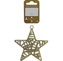 Weihnachtsanhänger in Sternform mit glitzernder Oberfläche auf einer Verkaufskarte zur Dekoration.