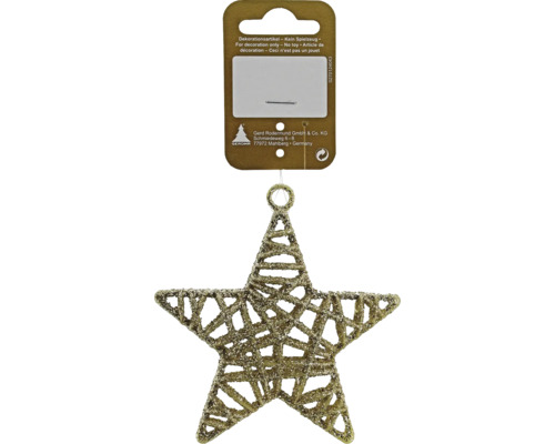 Weihnachtsanhänger in Sternform mit glitzernder Oberfläche auf einer Verkaufskarte zur Dekoration.