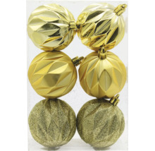 Set aus sechs strukturierten Weihnachtsbaumkugeln in runder Form zur Dekoration.