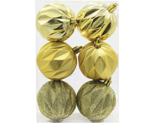 Set aus sechs strukturierten Weihnachtsbaumkugeln in runder Form zur Dekoration.