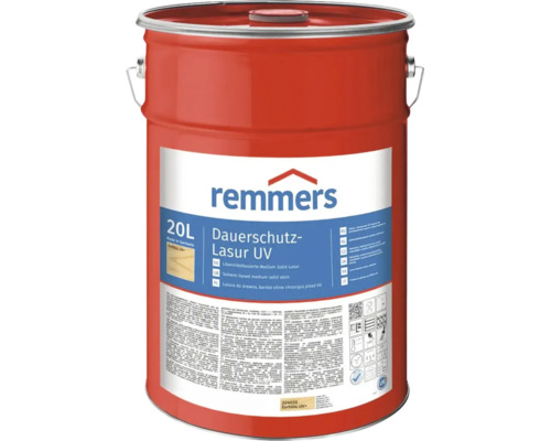 Lasure Remmers Dauerschutz UV en bidon de 20 litres, lasure à base de solvant pour bois extérieurs avec protection contre les rayons UV.