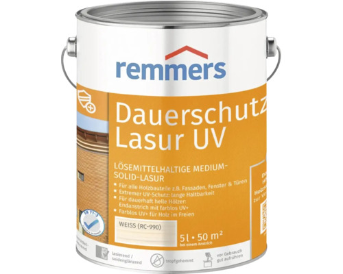 Lasure protectrice UV Remmers, 5 litres blanc, lasure à base de solvant pour façades, fenêtres et portes en extérieur.