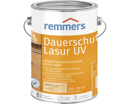 Remmers Dauerschutz Lasur UV, lösemittelhaltige Holzlasur für den Außenbereich, 2,5 Liter Dose.