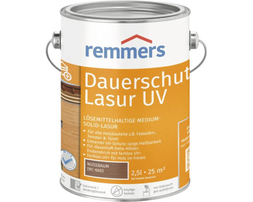 Lasure de protection Remmers Dauerschutz UV couleur noyer en pot de deux virgule cinq litres pour la protection du bois en extérieur.