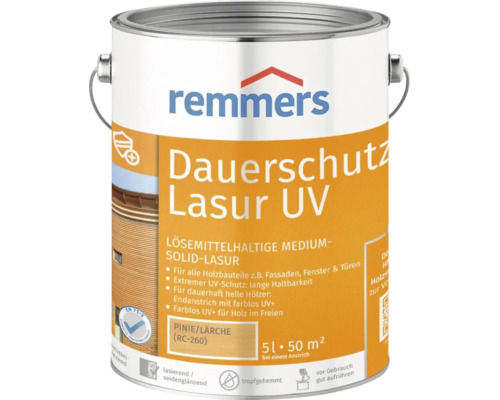 Lasure de protection Remmers UV, bidon de 5 litres, lasure solvantée pour bois extérieur.