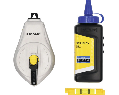 Stanley Schlagschnur Set mit Schlagschnurgerät, Markierkreide 113 Gramm und einer kleinen Wasserwaage zum Anzeichnen gerader Linien.