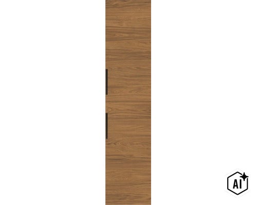 Hoher Badezimmerschrank mit Holzoptik Oberfläche und zwei schmalen Griffen (Image AI modified or generated)