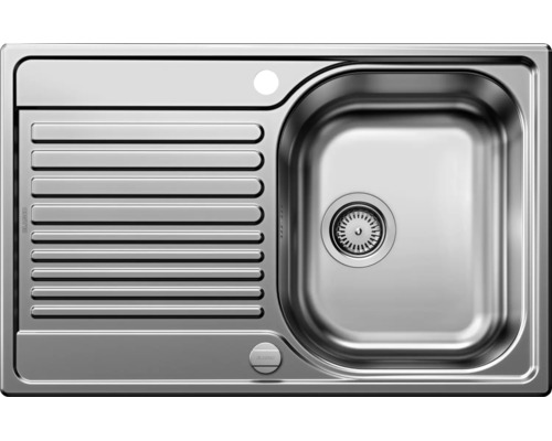 Einbau-Küchenspüle von Blanco aus Edelstahl mit Abtropffläche und einem Becken in Draufsicht.