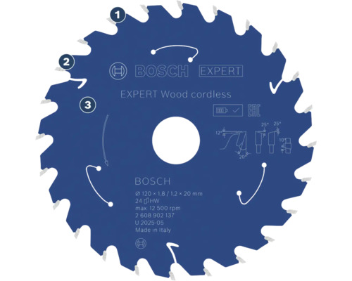 Lame de scie circulaire Bosch Expert Wood cordless de 120 millimètres de diamètre et 24 dents pour scies circulaires sans fil.