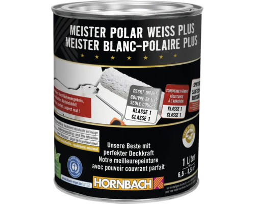 Peinture murale Meister Blanc Polaire Plus, peinture intérieure hautement couvrante en pot de 1 litre, classe 1, résistante à l'abrasion.