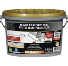 Peinture murale HORNBACH Meister Polar Weiss Plus, seau de 2,5 litres pour 16 à 21 mètres carrés, pouvoir couvrant direct et résistante.