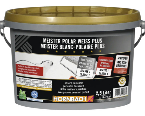 Peinture murale HORNBACH Meister Polar Weiss Plus, seau de 2,5 litres pour 16 à 21 mètres carrés, pouvoir couvrant direct et résistante.
