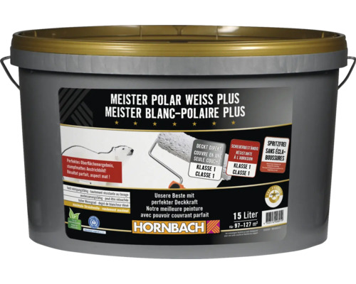 Seau de peinture murale Meister Polar Weiss Plus 15 litres pour jusqu à 127 mètres carrés avec haut pouvoir couvrant et anti éclaboussure