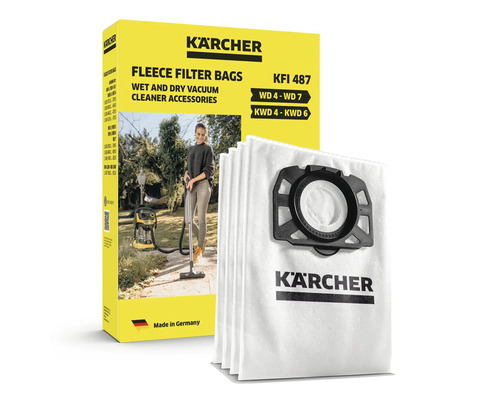 Sacs filtrants en non-tissé Kärcher KFI 487 pour aspirateurs eau et poussières Kärcher séries WD 4 à WD 7 et KWD 4 à KWD 6 en emballage.