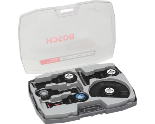Set d accessoires pour outil multifonction Bosch Expert avec différentes lames dans un coffret en plastique