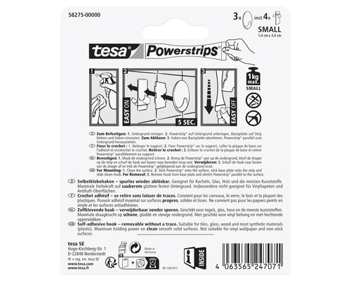 Tesa Powerstrips Klebehaken klein, Set mit 3 Haken und 4 Klebestreifen für bis zu 1 Kilogramm Tragkraft, spurlos ablösbar.