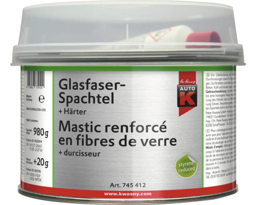 Mastic armé de fibres de verre Auto-K avec durcisseur, pot de 1000 grammes pour réparations sur métal et plastique.