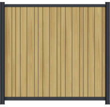 Élément brise vue avec lames aspect bois et cadre métallique pour jardin comme clôture moderne.